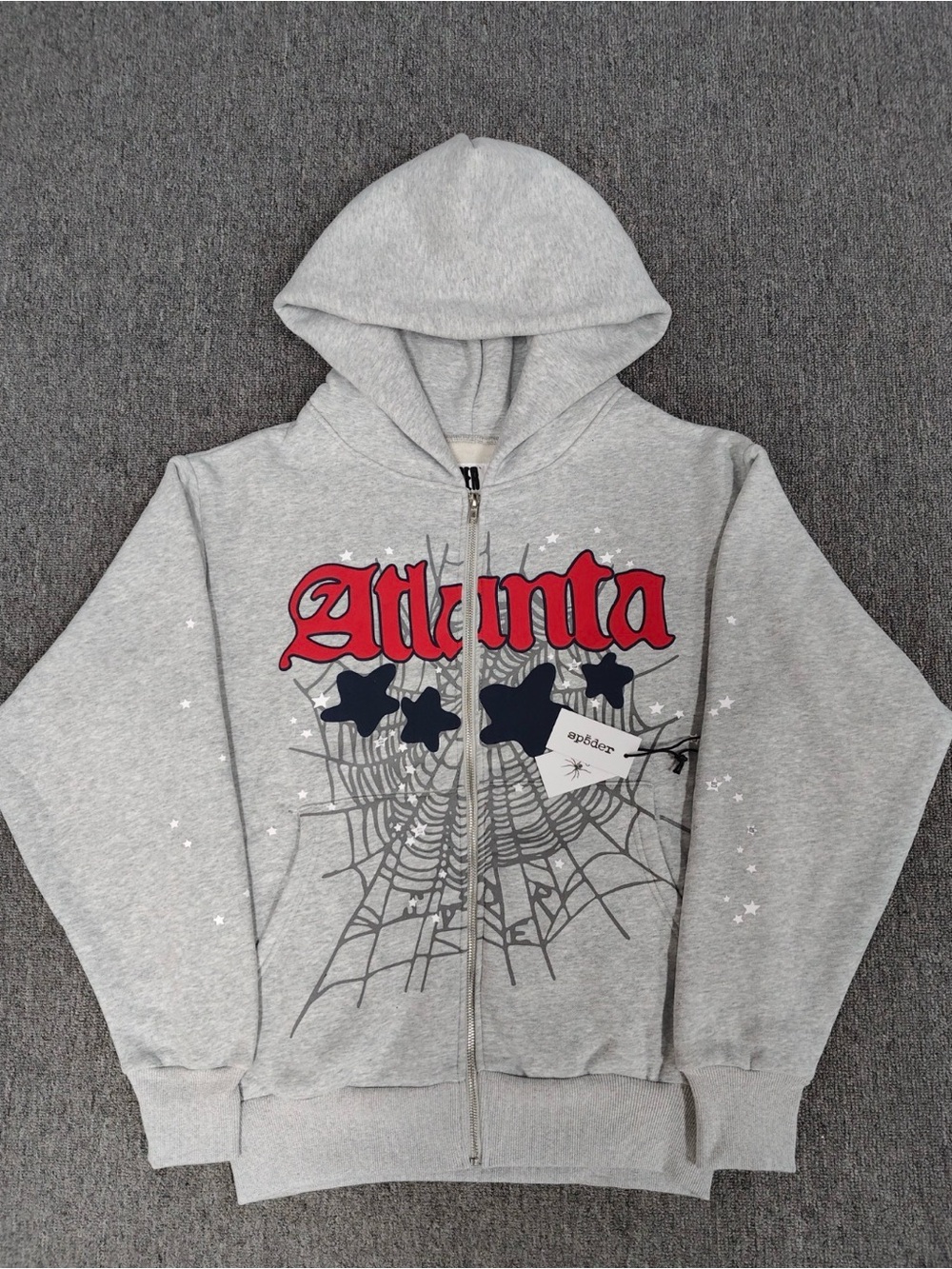 Spider Men’s Gray Zip-Up Hoodie with Red Script and Graphic